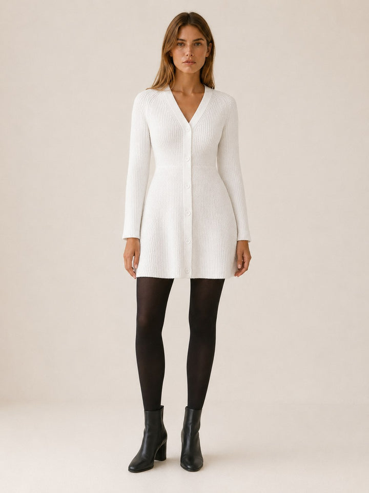 Aloise — Button Front V Neck Knit Sweater Dress, Rosewood Virginia