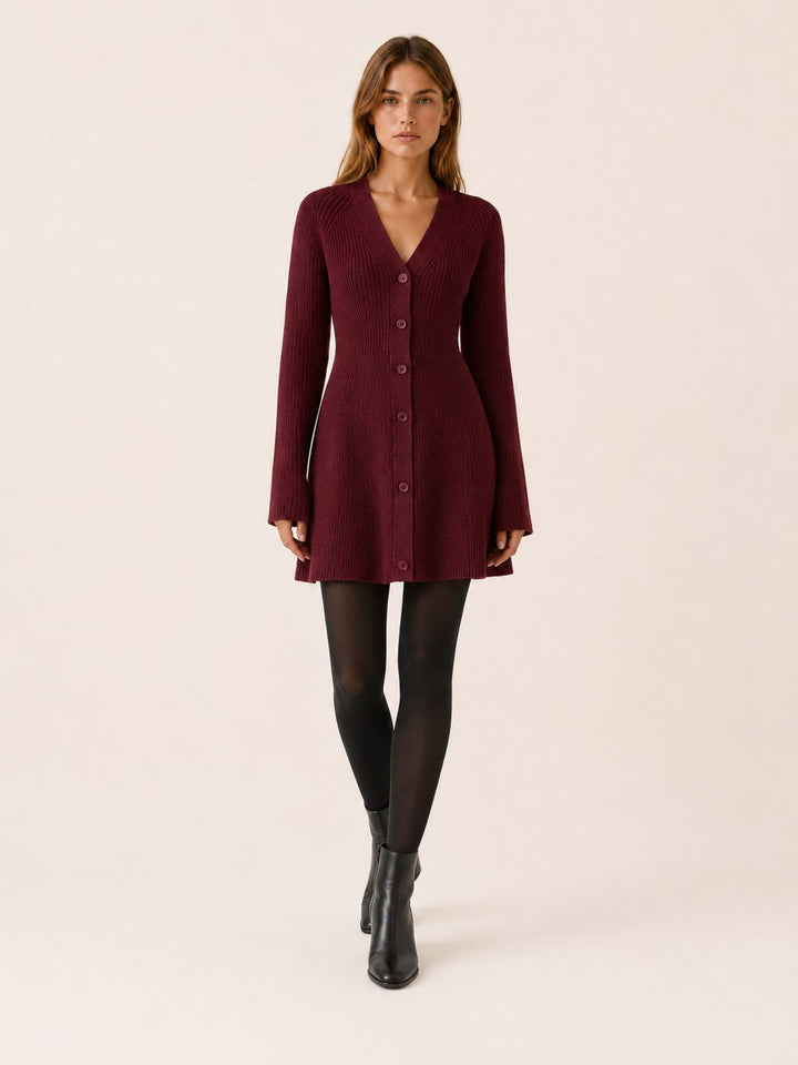 Aloise — Button Front V Neck Knit Sweater Dress (6), Rosewood Virginia