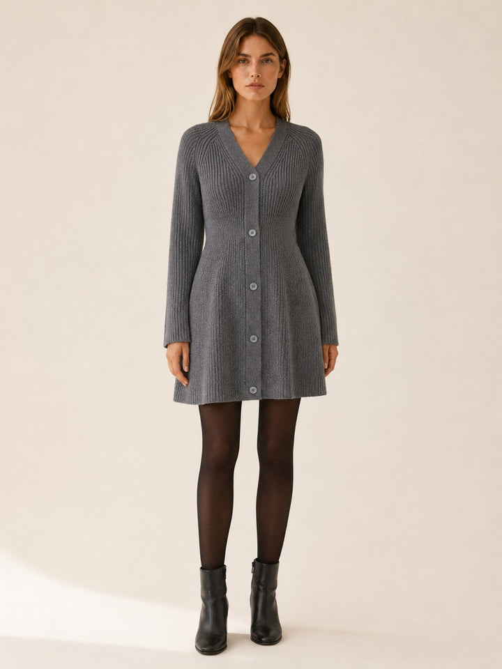 Aloise — Button Front V Neck Knit Sweater Dress (7), Rosewood Virginia