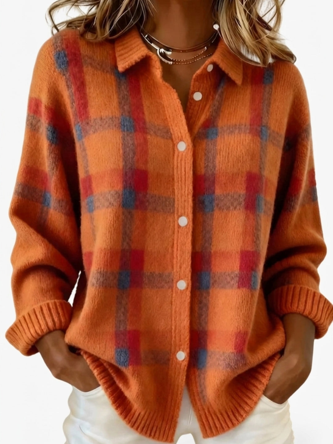 Dominique — Plaid Button Front Cardigan Sweater, Rosewood Virginia