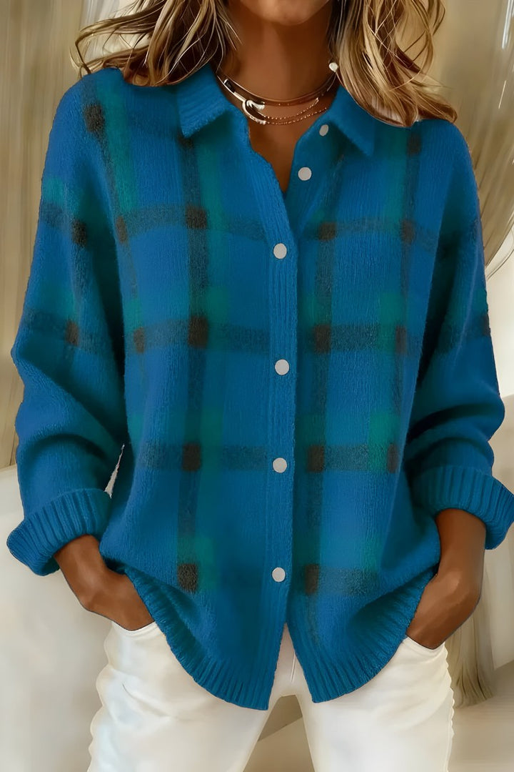 Dominique — Plaid Button Front Cardigan Sweater (6), Rosewood Virginia