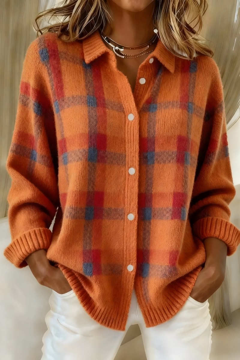 Dominique — Plaid Button Front Cardigan Sweater (8), Rosewood Virginia