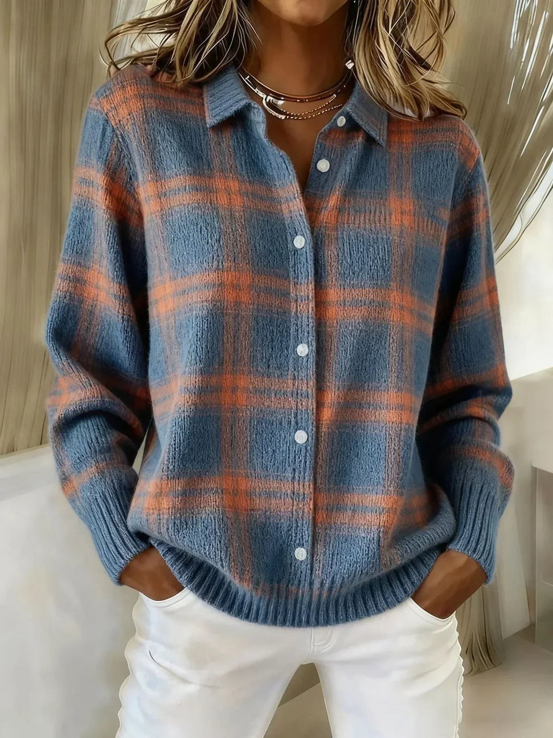 Dominique — Plaid Button Front Cardigan Sweater (9), Rosewood Virginia