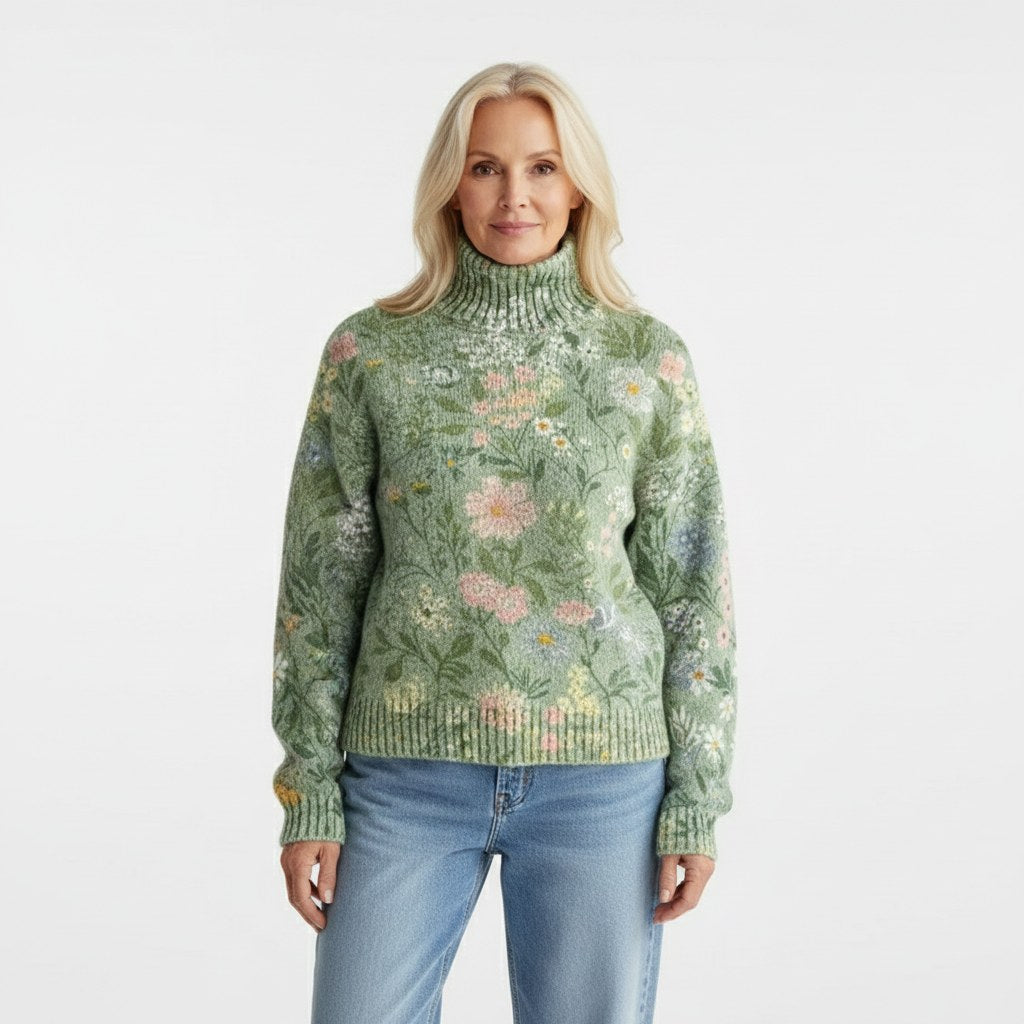 Edith — Floral Print Roll Neck Knit Sweater (8), Rosewood Virginia