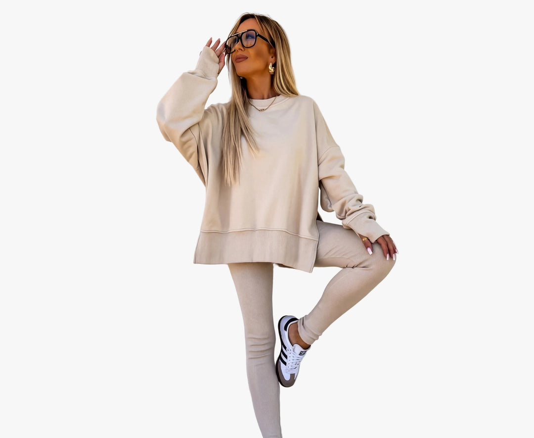 Fanny — Soft Knit Lounge Set with Drop Shoulders and Slits, Rosewood Virginia