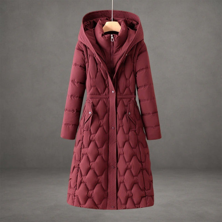 Giselle — Warm Longline Hooded Down Coat, Rosewood Virginia