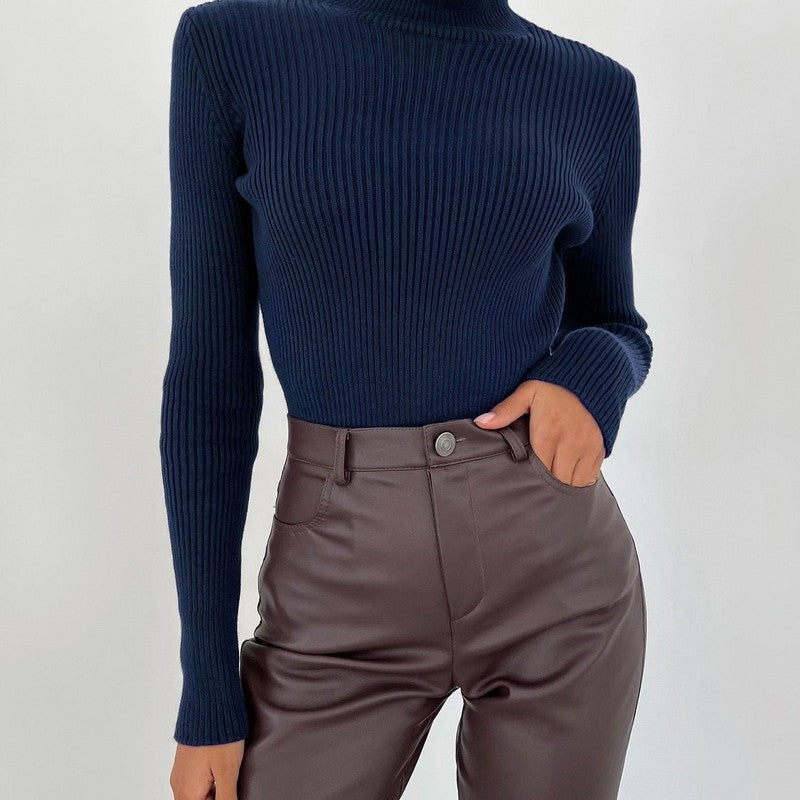 Hermeline — Fitted Ribbed Turtleneck Knit Top, Rosewood Virginia