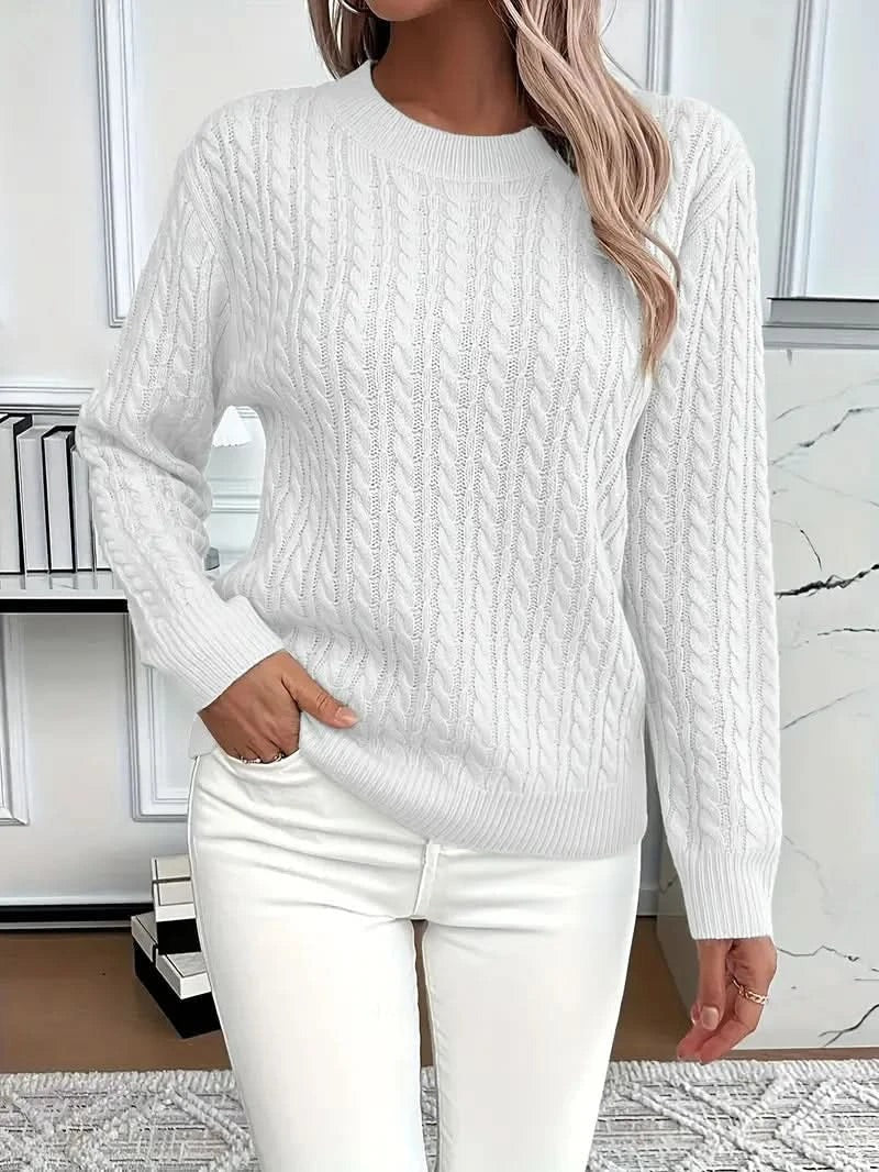 Huguette — Cable Knit Crew Neck Sweater, Rosewood Virginia