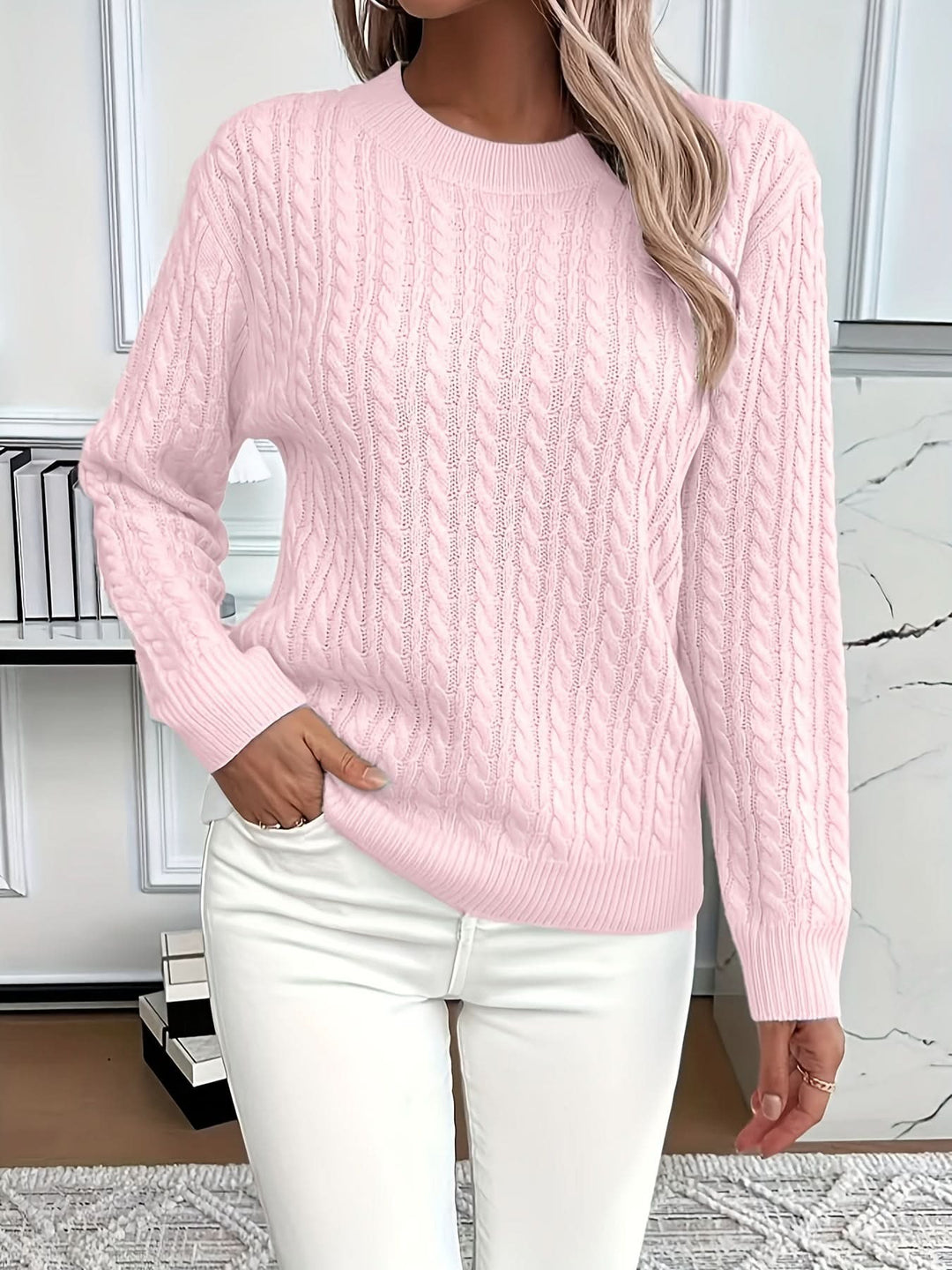 Huguette — Cable Knit Crew Neck Sweater, Rosewood Virginia