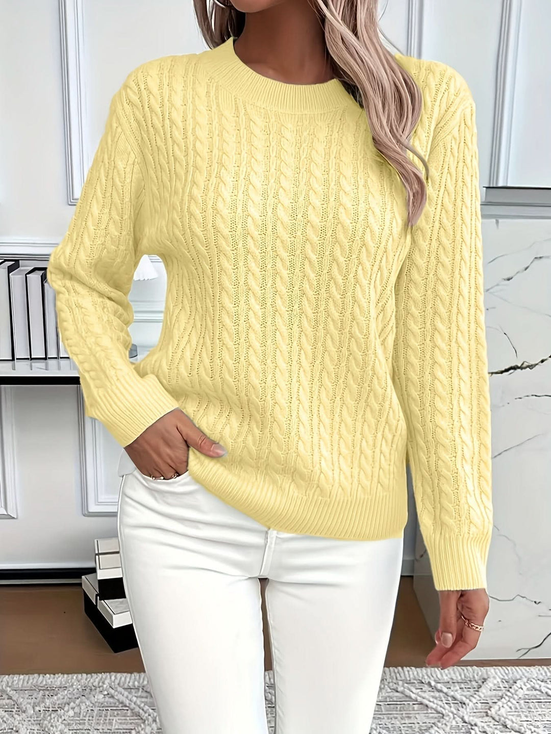 Huguette — Cable Knit Crew Neck Sweater, Rosewood Virginia