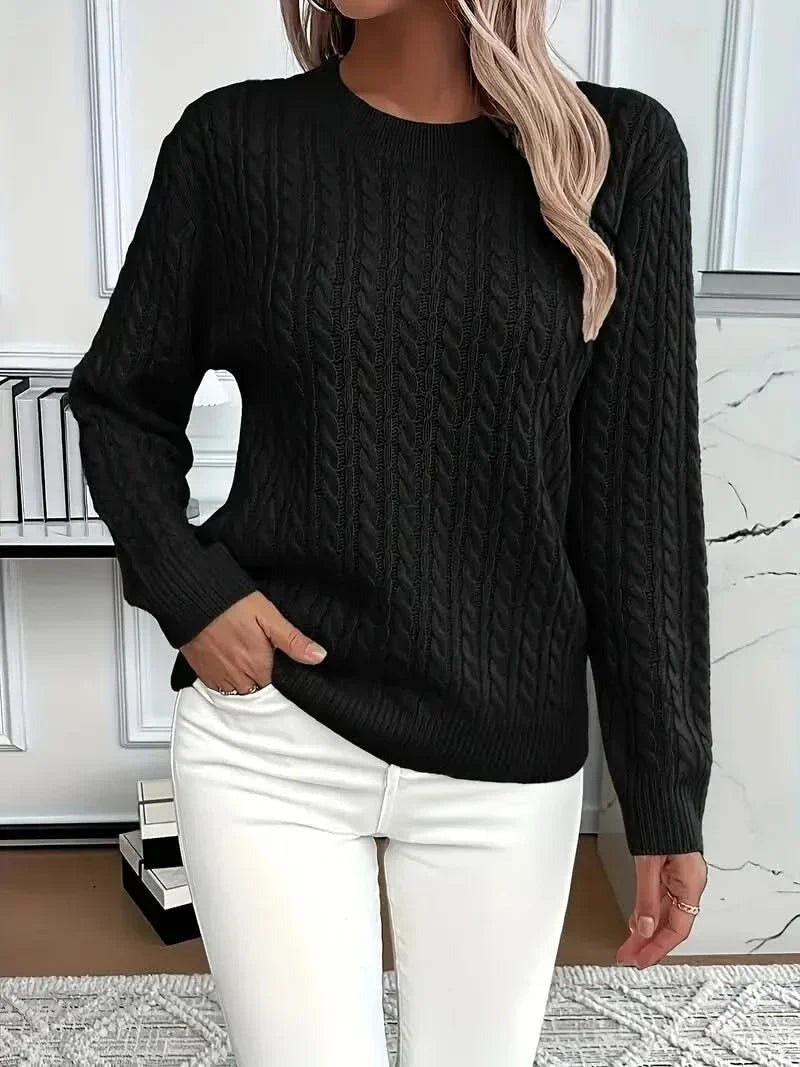 Huguette — Cable Knit Crew Neck Sweater, Rosewood Virginia