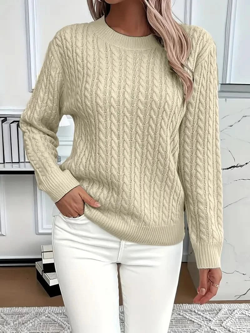 Huguette — Cable Knit Crew Neck Sweater, Rosewood Virginia