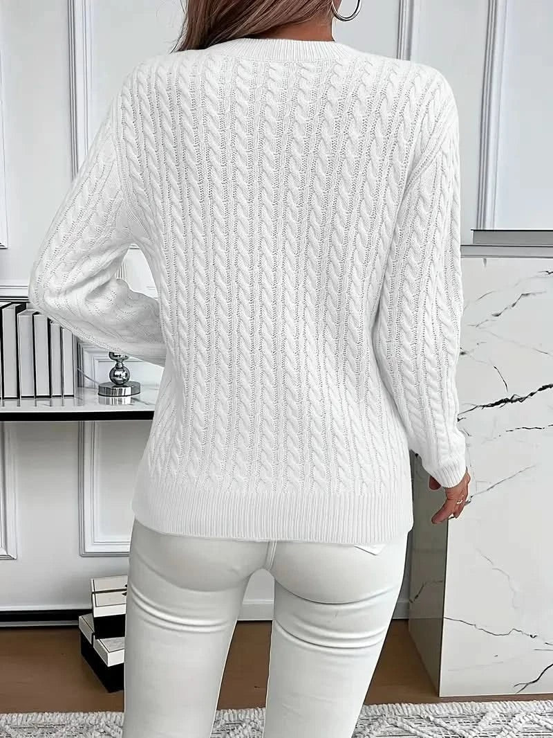 Huguette — Cable Knit Crew Neck Sweater, Rosewood Virginia