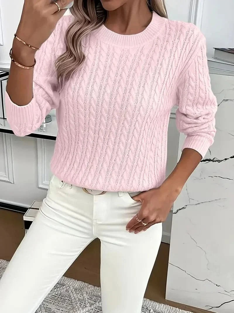 Huguette — Cable Knit Crew Neck Sweater, Rosewood Virginia