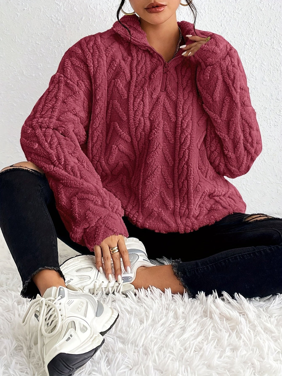 Loraine — Cable Knit Quarter Zip Sweater (6), Rosewood Virginia