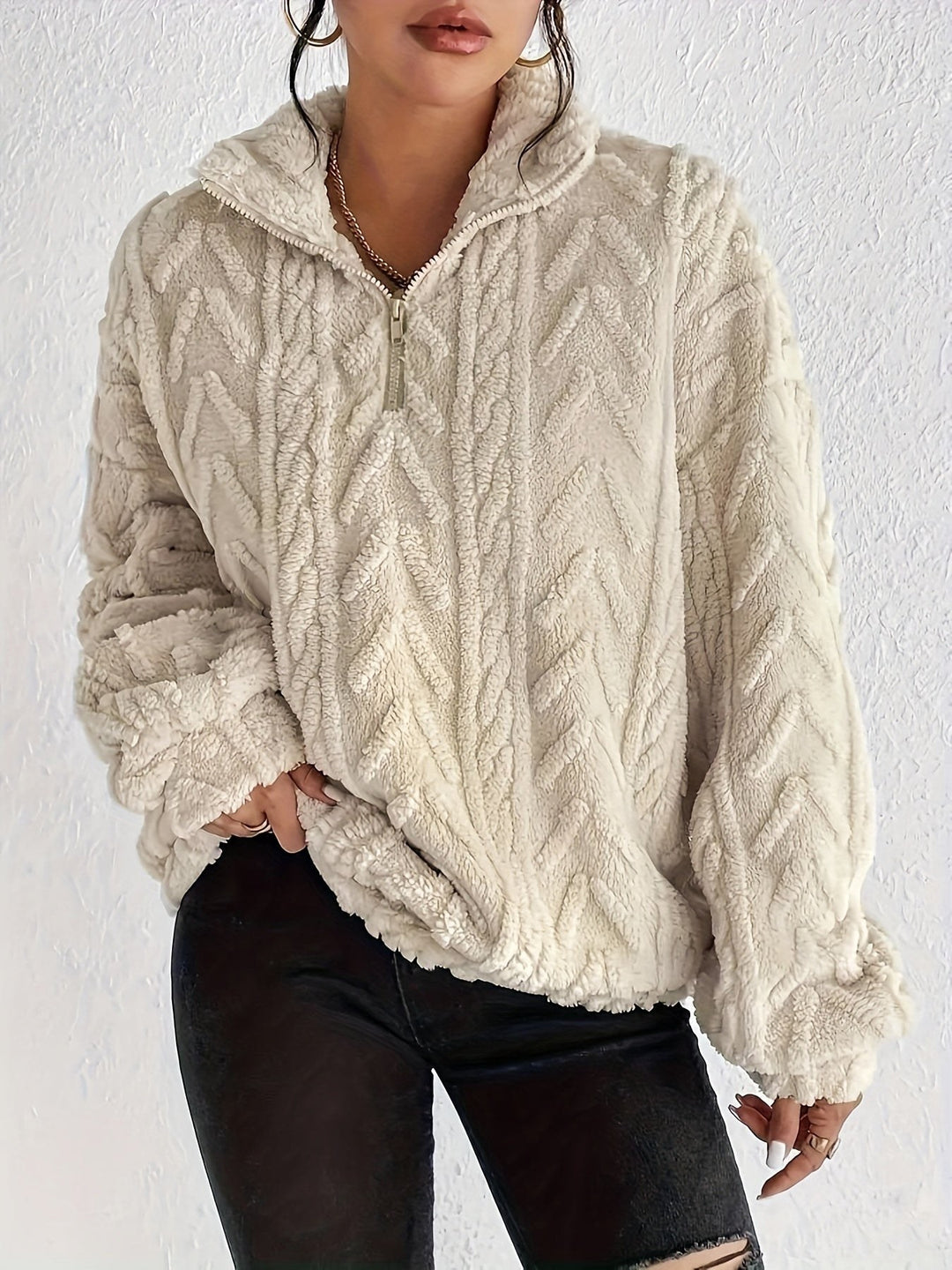 Loraine — Cable Knit Quarter Zip Sweater (11), Rosewood Virginia