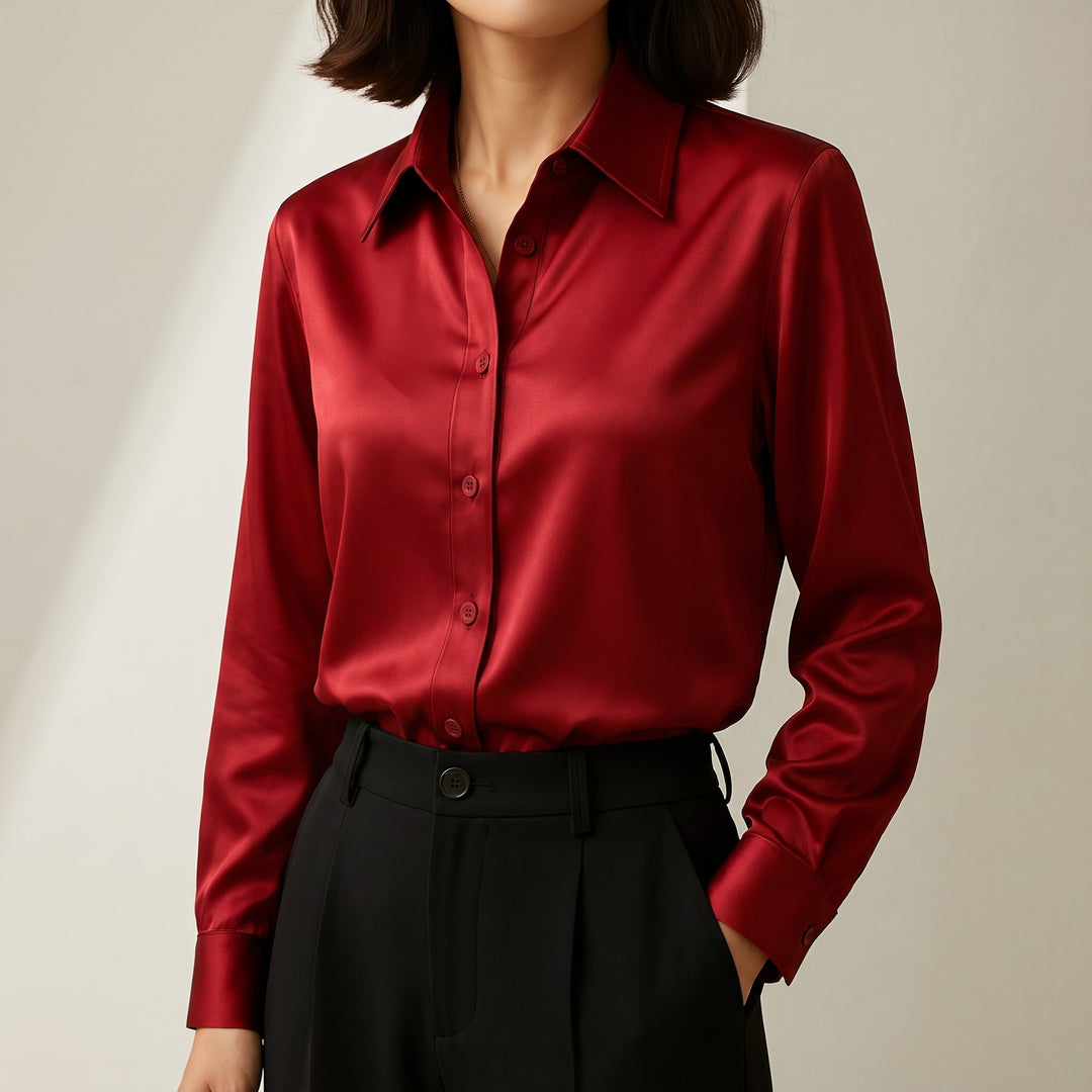 Marilou — Elegant Satin Button Blouse, Rosewood Virginia