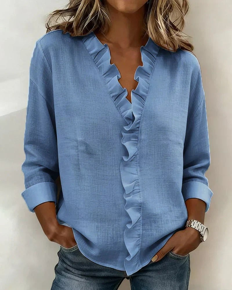 Maryline — Ruffled V Neck Blouse (4), Rosewood Virginia