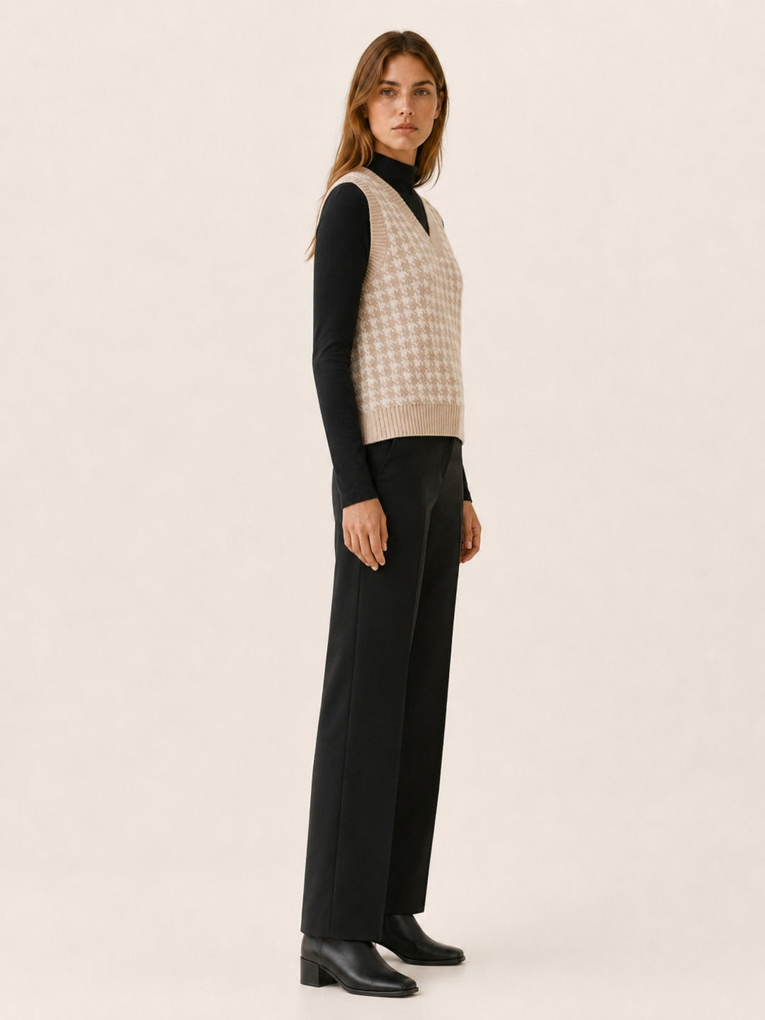 Ombline — Houndstooth V Neck Sweater Vest, Rosewood Virginia