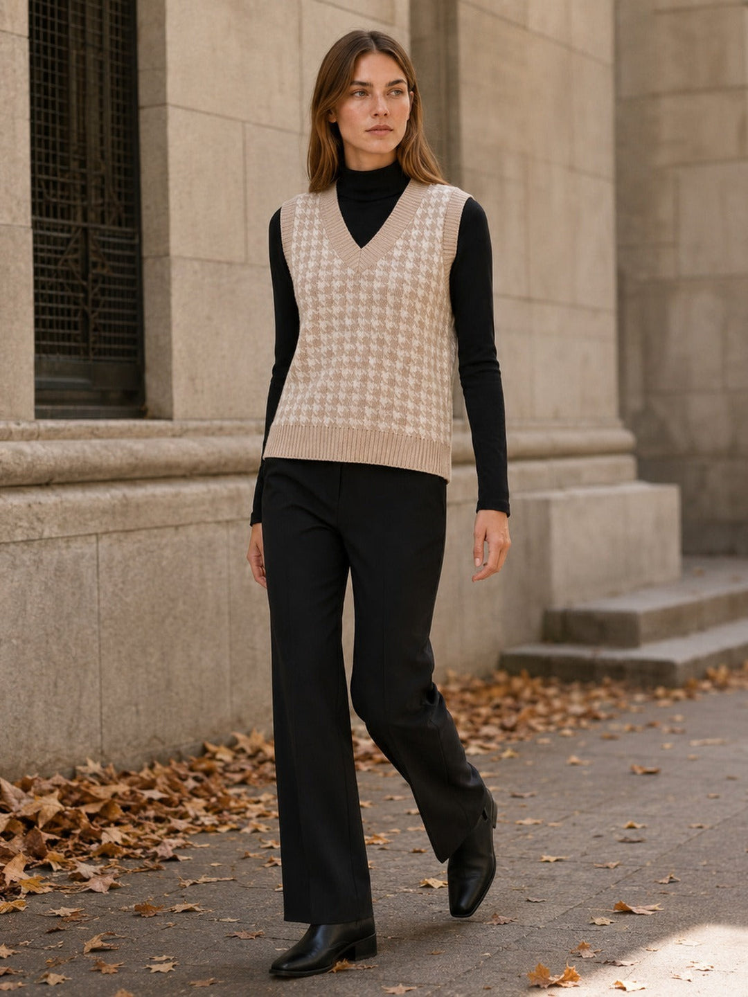 Ombline — Houndstooth V Neck Sweater Vest, Rosewood Virginia