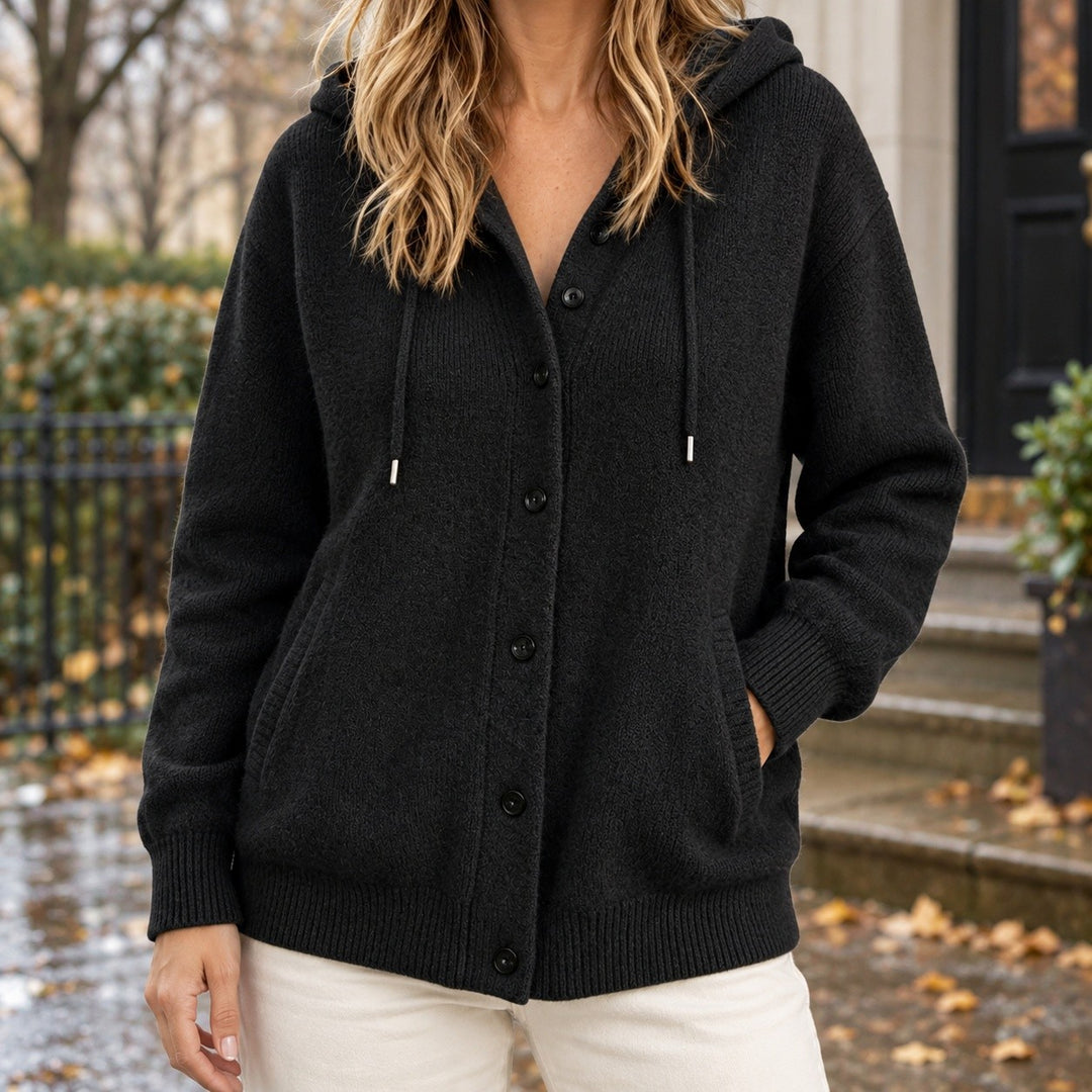 Rhea — Cozy Hooded Cardigan Sweater, Rosewood Virginia