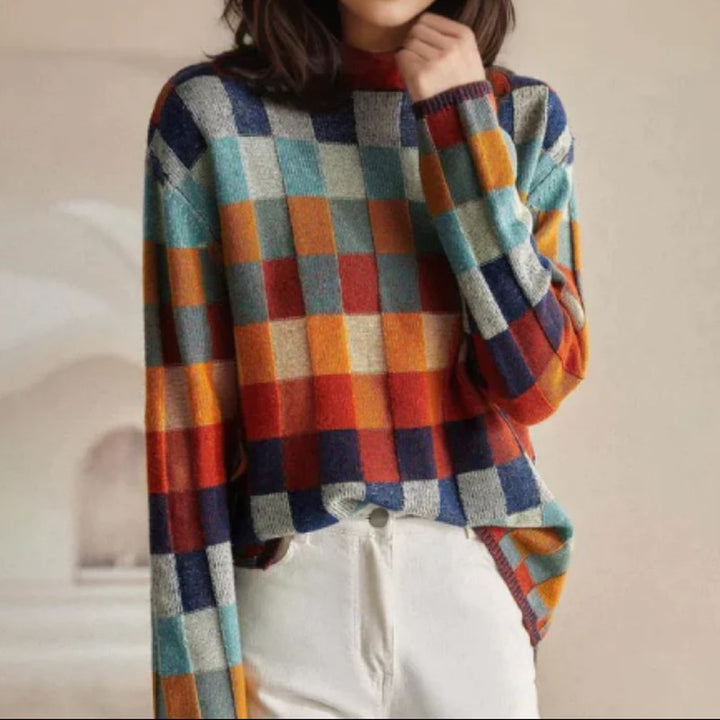 Sylvia — Checkered Knit Mock Neck Sweater, Rosewood Virginia