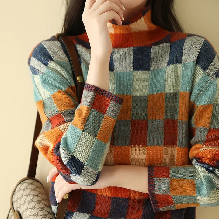 Sylvia — Checkered Knit Mock Neck Sweater (2), Rosewood Virginia