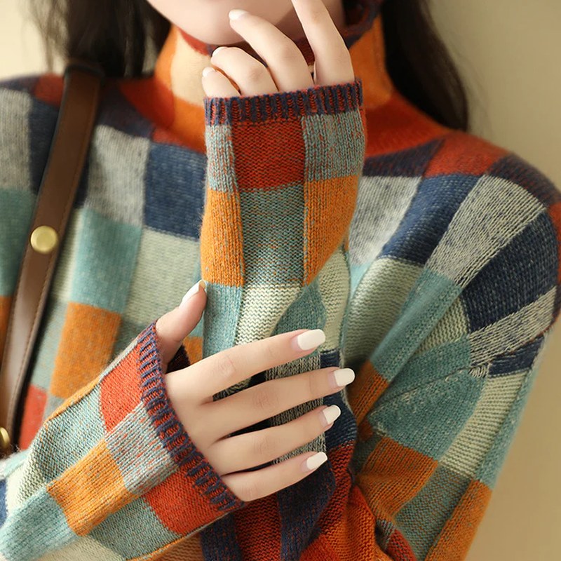Sylvia — Checkered Knit Mock Neck Sweater (6), Rosewood Virginia