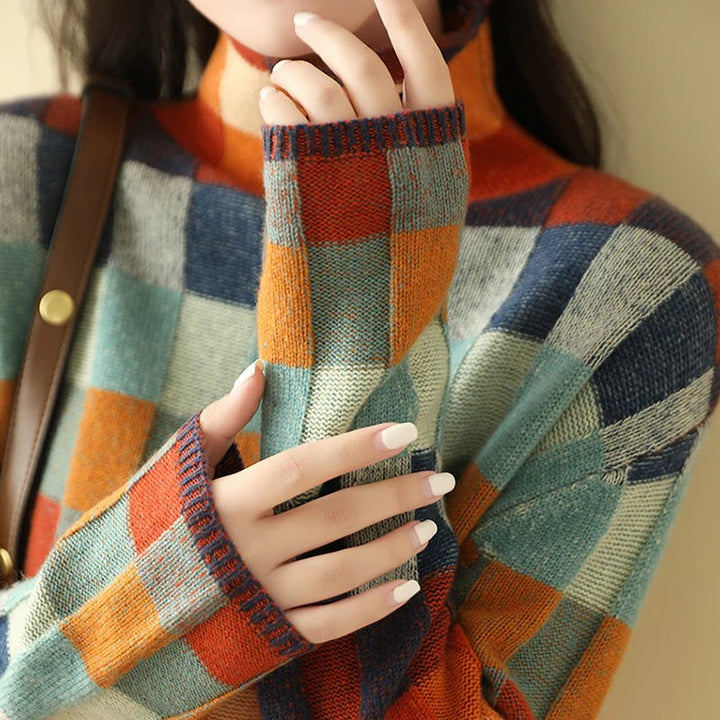 Sylvia — Checkered Knit Mock Neck Sweater (6), Rosewood Virginia