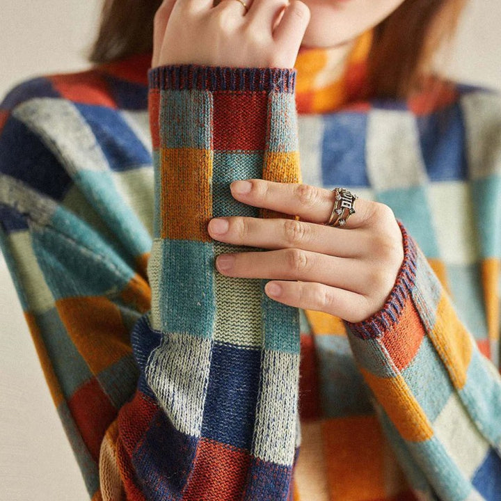 Sylvia — Checkered Knit Mock Neck Sweater (7), Rosewood Virginia