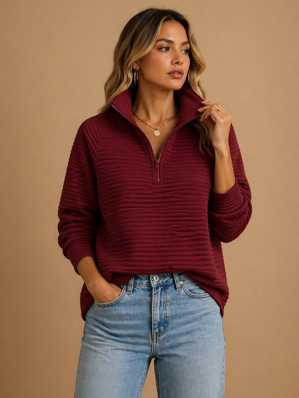 Thibaude — Half Zip Funnel Neck Knit Sweater, Rosewood Virginia