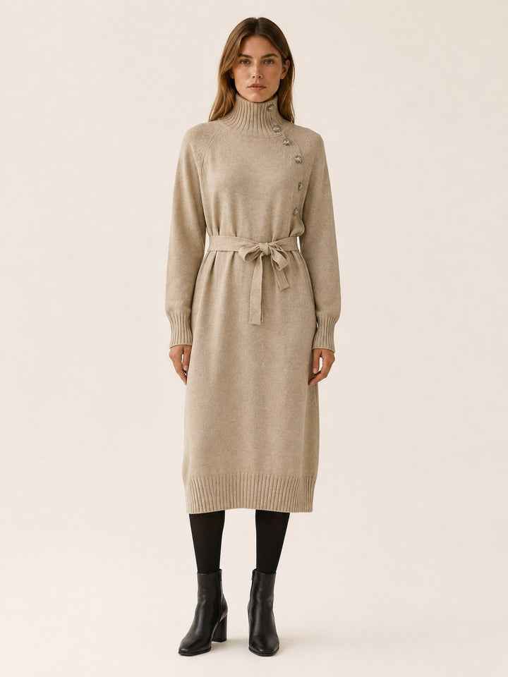 Virginie — Roll Neck Tie Waist Midi Sweater Dress, Rosewood Virginia