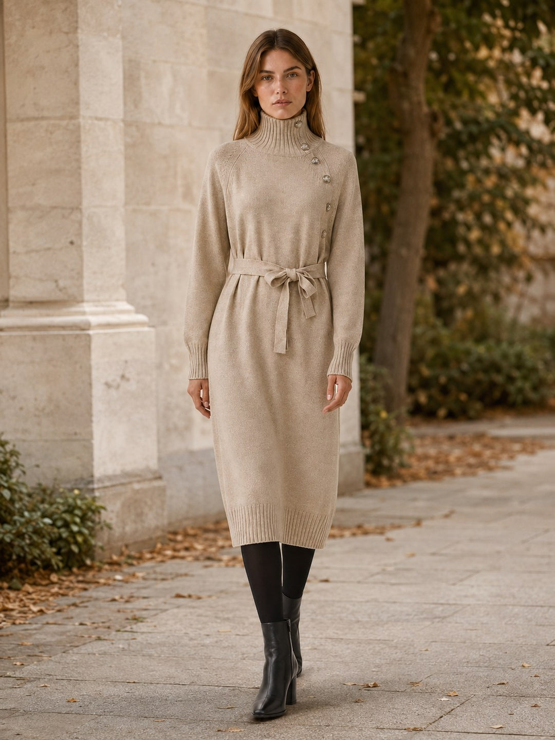 Virginie — Roll Neck Tie Waist Midi Sweater Dress (5), Rosewood Virginia