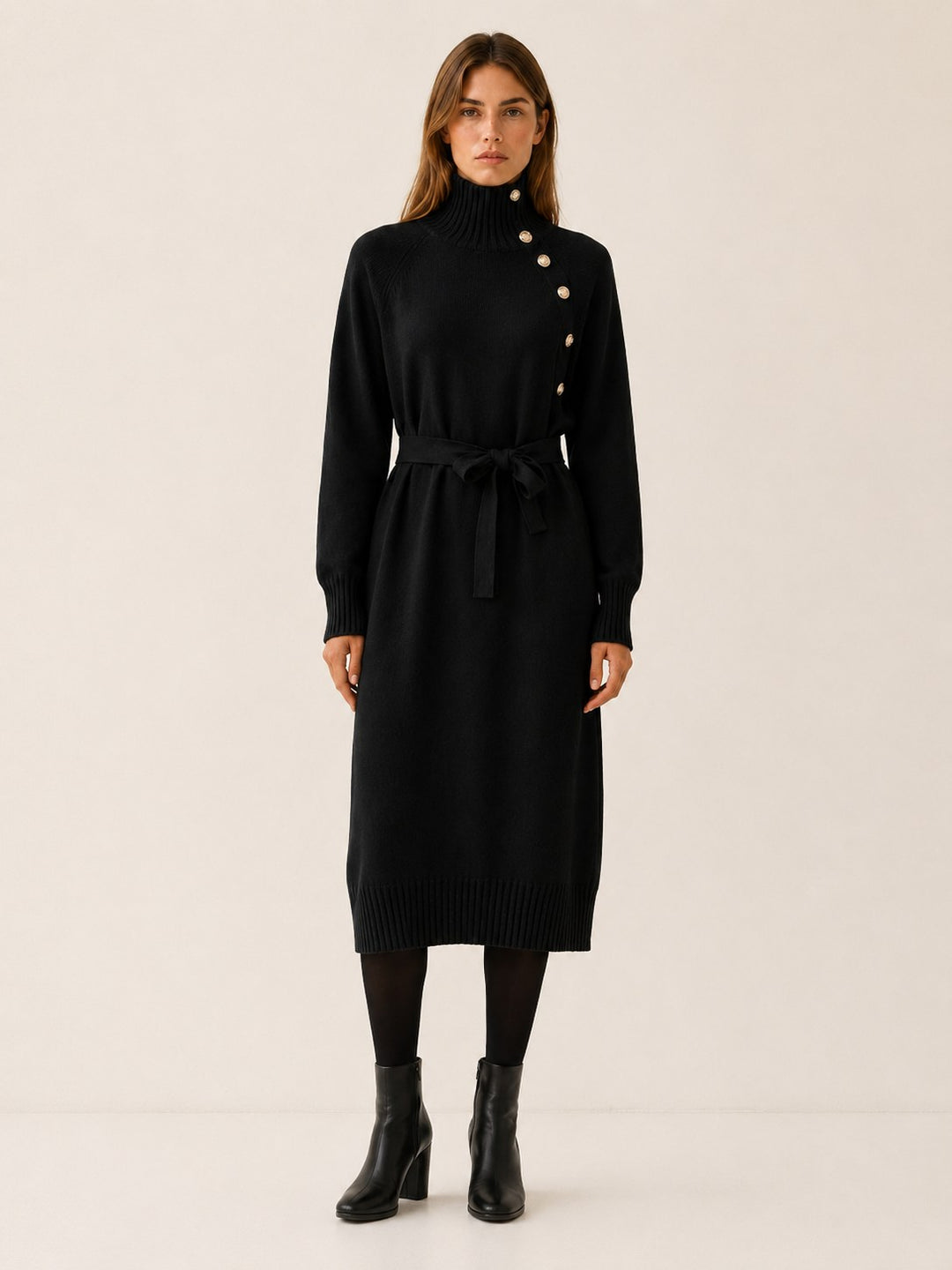 Virginie — Roll Neck Tie Waist Midi Sweater Dress (7), Rosewood Virginia