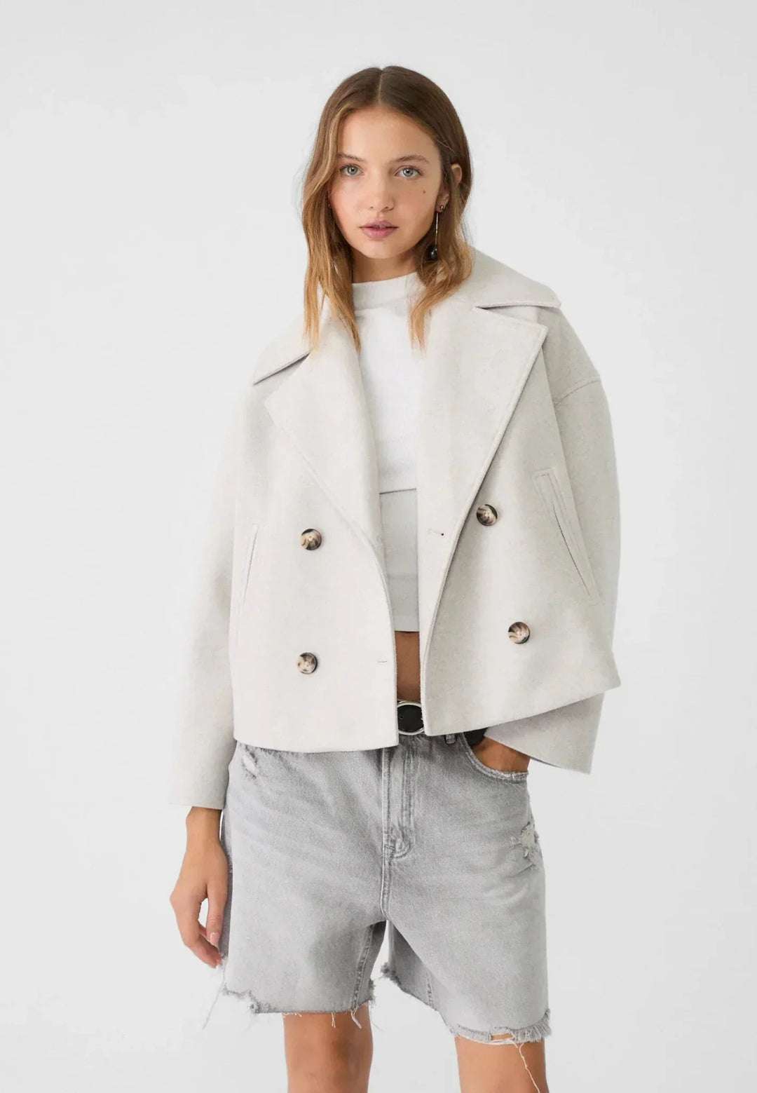 Faustine | Brushed Cropped Double Breasted Wool Pea Coat for Women
