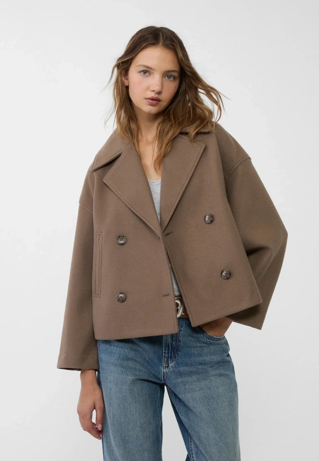 Faustine | Brushed Cropped Double Breasted Wool Pea Coat for Women
