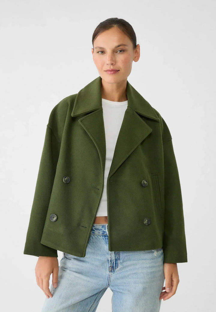 Faustine | Brushed Cropped Double Breasted Wool Pea Coat for Women