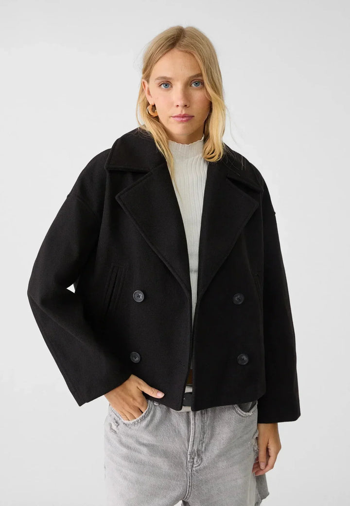 Faustine | Brushed Cropped Double Breasted Wool Pea Coat for Women