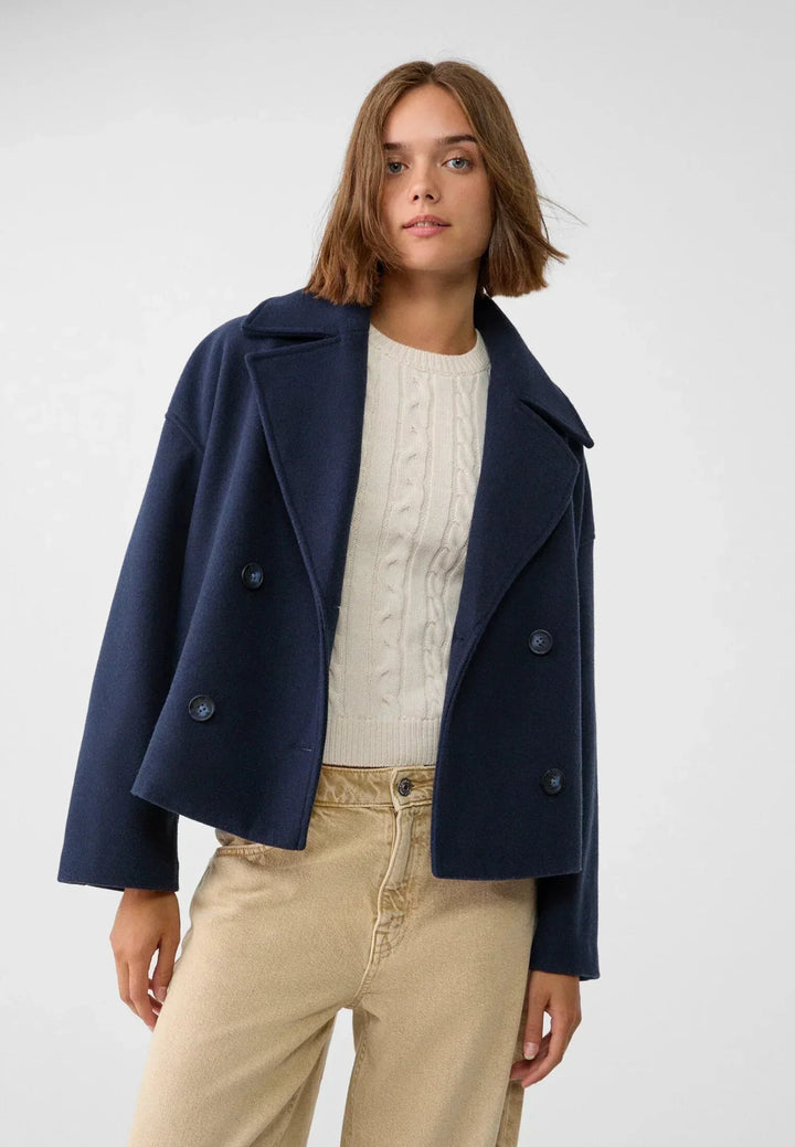 Faustine | Brushed Cropped Double Breasted Wool Pea Coat for Women