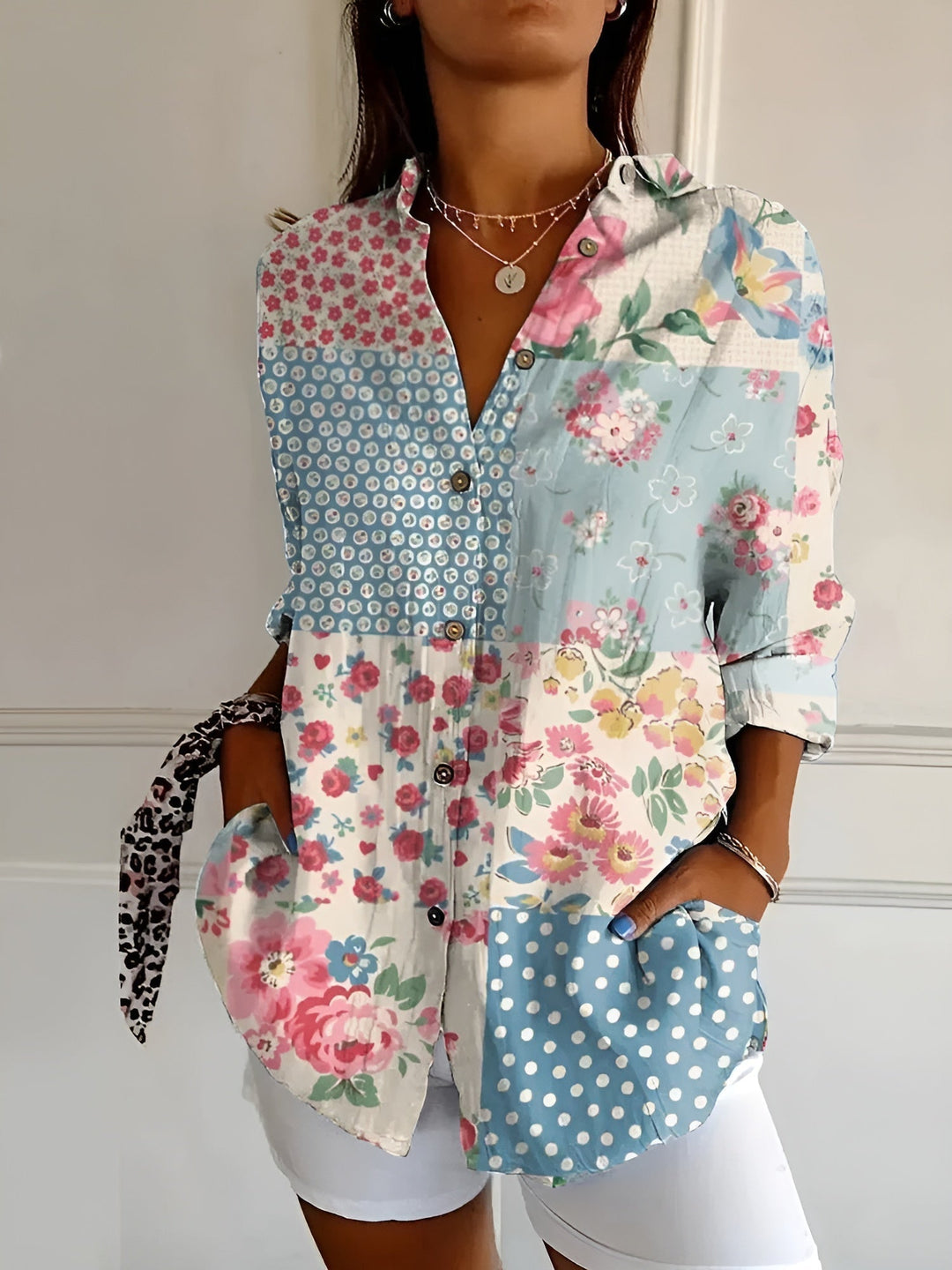Hermine | Framed Split Neck Printed Blouse for Women