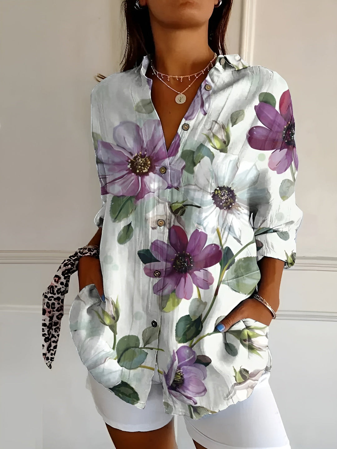 Hermine | Framed Split Neck Printed Blouse for Women