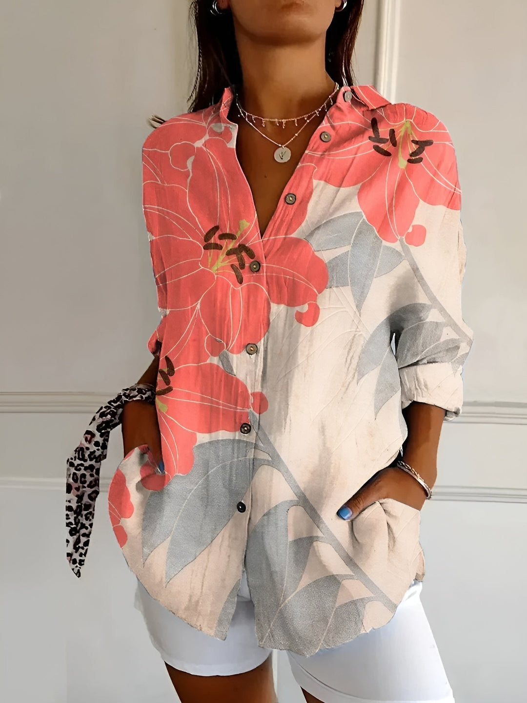 Hermine | Framed Split Neck Printed Blouse for Women