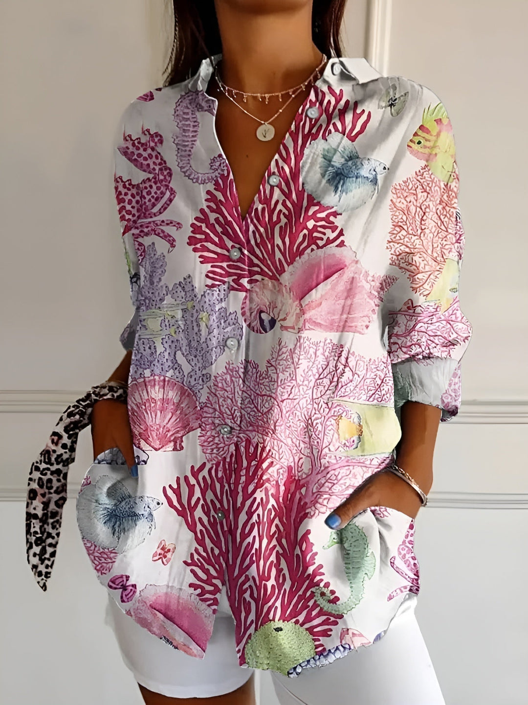 Hermine | Framed Split Neck Printed Blouse for Women