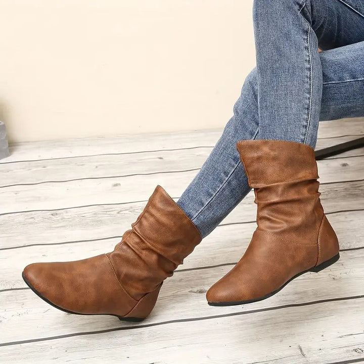 Yolande | Hemmed Brown Slouch Boots for Women