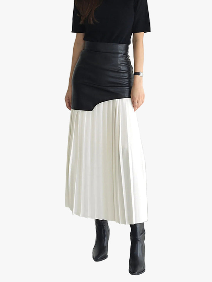 Isolde | Layered Pleated Faux Leather Midi Skirt for Women