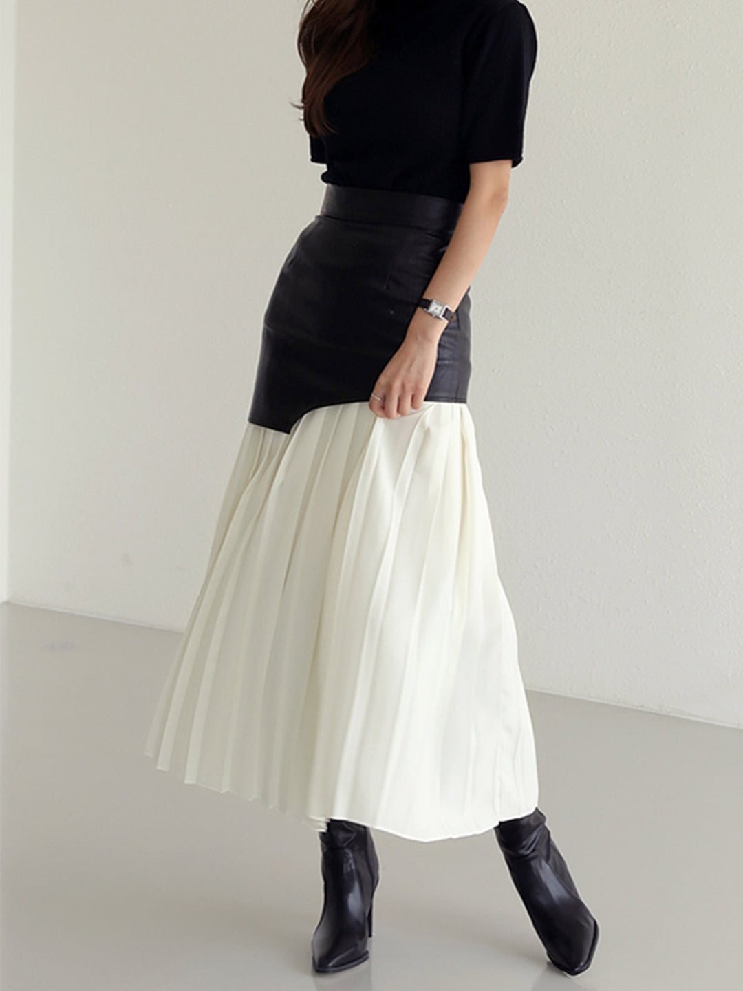 Isolde | Layered Pleated Faux Leather Midi Skirt for Women