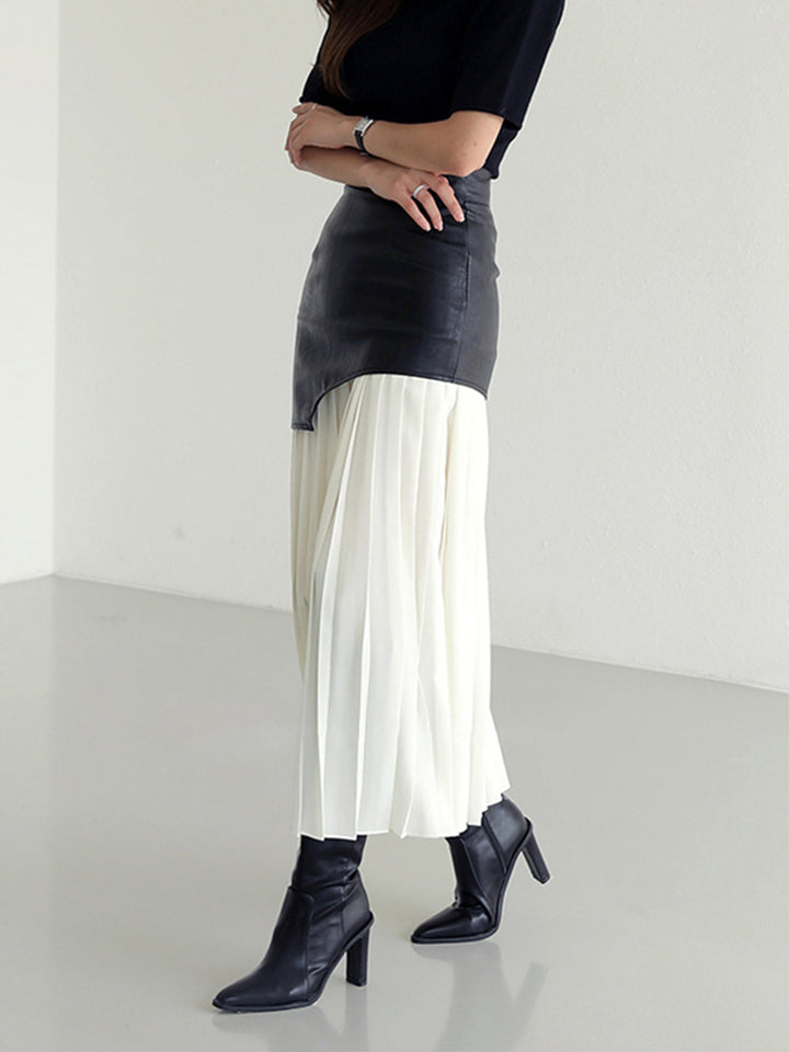 Isolde | Layered Pleated Faux Leather Midi Skirt for Women