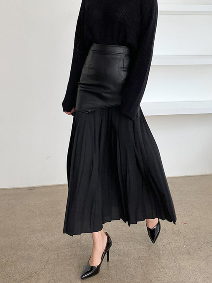 Isolde | Layered Pleated Faux Leather Midi Skirt for Women