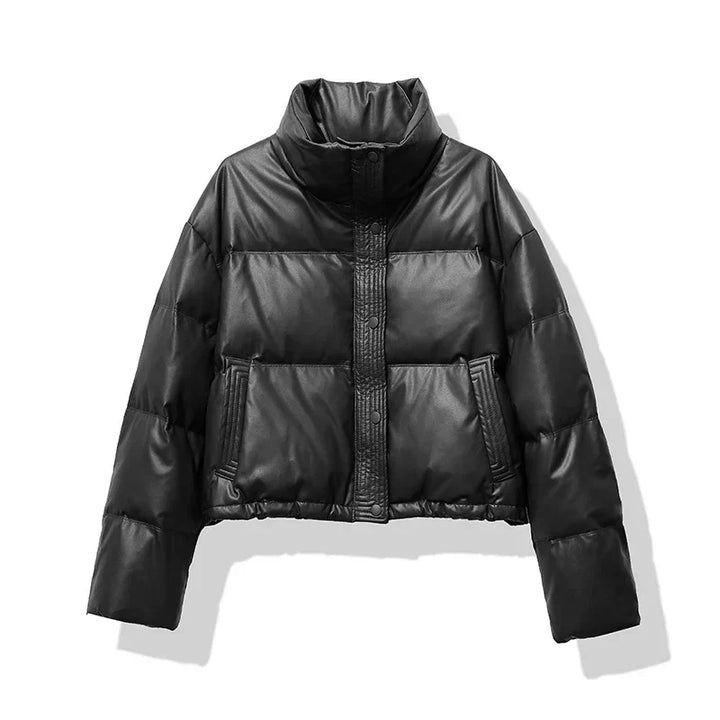 Sixtine | Glowing Cropped Faux Leather Puffer Jacket for Women